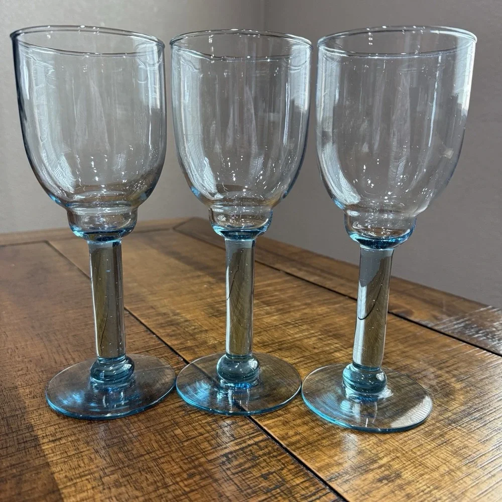 Set of 3 ~ Vintage Pfaltzgraff Northwinds Blue Wine Glasses/Goblets ~ Hand Blown